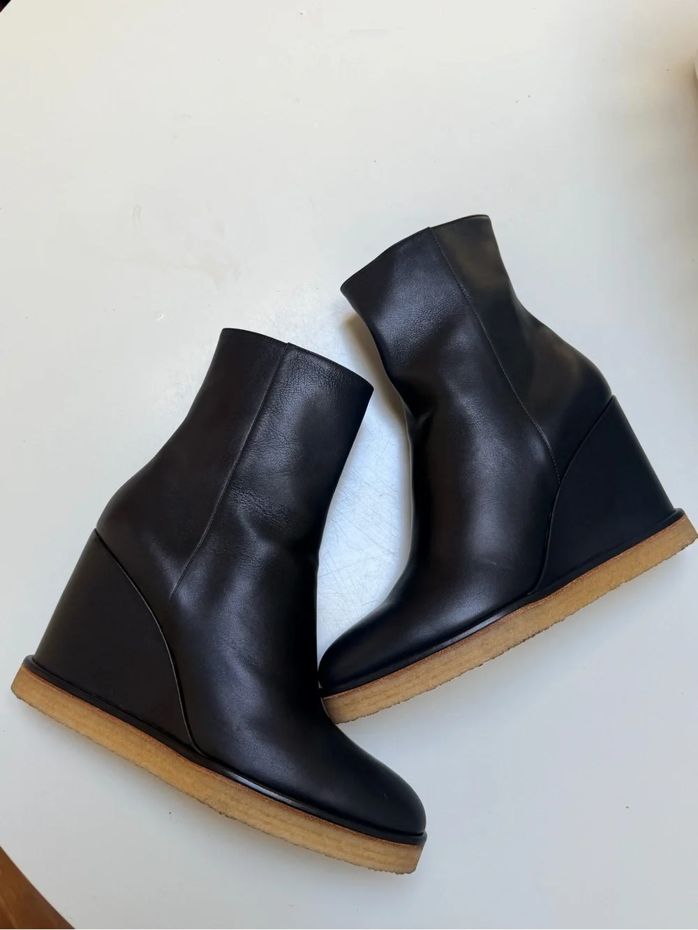 CELINE Black Leather Wedge Ankle Boots Zip Closure Round Toe EU 42 US 11